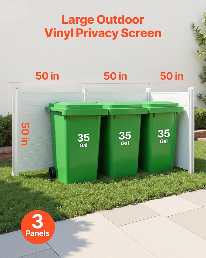 VEVOR Outdoor Privacy Screen, 50in H x 50in W Air Conditioner Fence, 3-Panel Pool Equipment Enclosure, Horizontal PVC Privacy Fence with 27.5 in Ground Stakes, No Dig Trash Can Fence for A/C Units