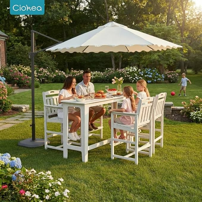Ciokea 3 Pcs Outdoor Bar Height Table Set, 60" Extra Long Rectangle High Top Table and 2 Oversized Adirondack Chairs Set, Heavy-Duty All-Weather HDPE Patio Bar Set for Backyard Balcony Deck, White