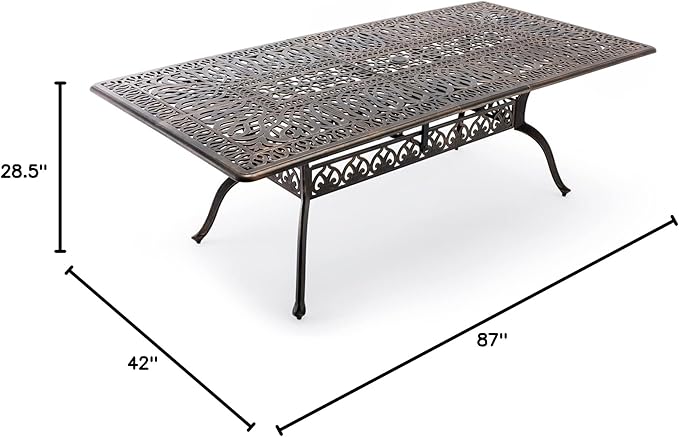 Outdoor Patio Dining Table - All-Weather Cast Aluminum 87" x 28.5“ Patio Rectangular Table with 2" Umbrella Hole for Balcony Lawn Garden Backyard