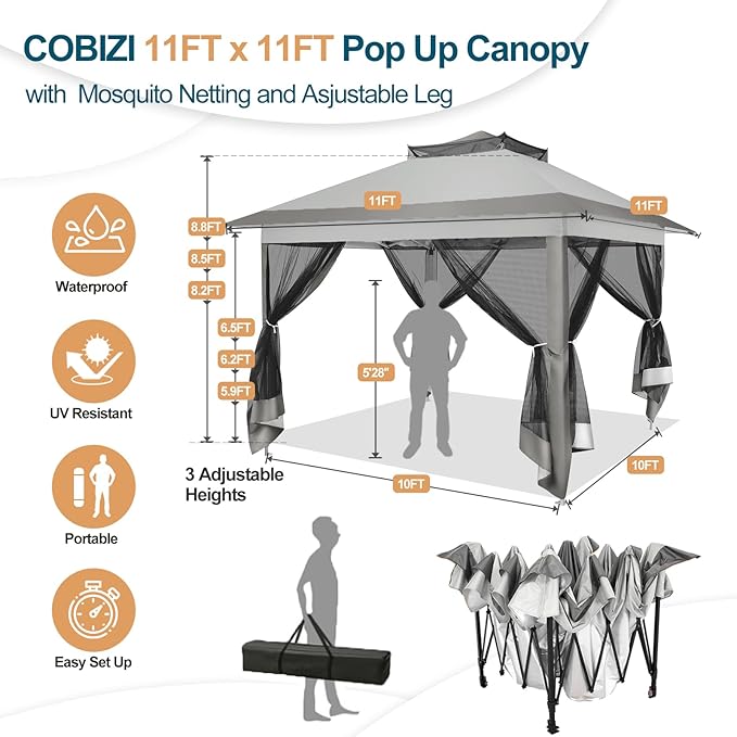 COBIZI 11x11 Pop Up Gazebo Canopy Tent Easy Up Outdoor Gazebo Waterproof Upgrade Portable Gazebo with Mosquito Nettings, Double Vented Roof and Carry Bag for Patio Garden Lawn(Gray)
