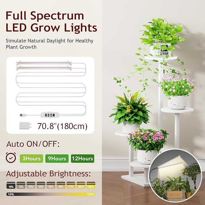Plant Stand Indoor with Grow Light, 4-Tiered Tall Plant Stand Indoor, Metal Plant Shelf with Adjustable Light, Ideal for Living Room, Garden, Patio white