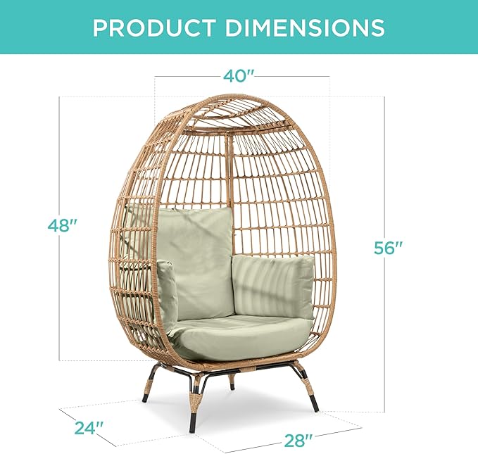 Best Choice Products Wicker Egg Chair, Oversized Indoor Outdoor Lounger for Patio, Backyard, Living Room w/ 4 Cushions, Steel Frame, 440lb Capacity - Sage