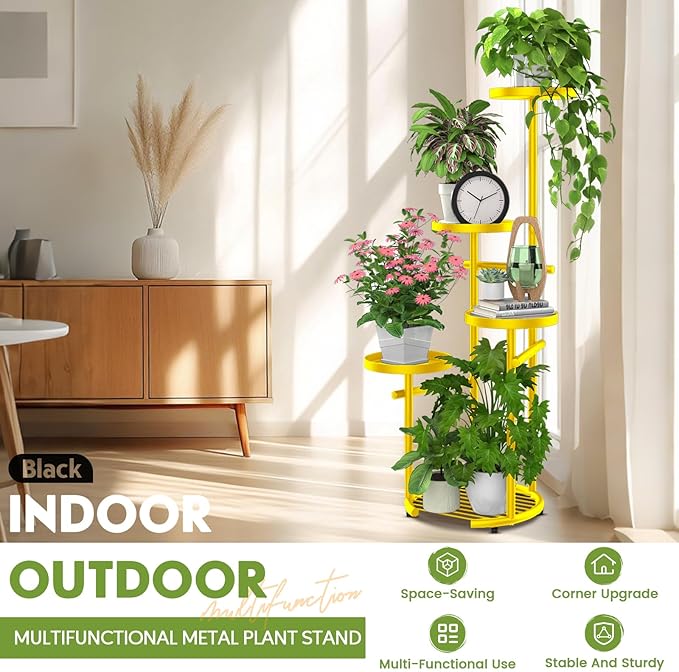 TOSKING 5 Tier Metal Plant Stand Indoor， Plant Shelf, Corner Shelf Flower Pot Stand for Outdoor Plant Stand for Living Room Balcony Garden Patio Bedroom (yellow, 38in)