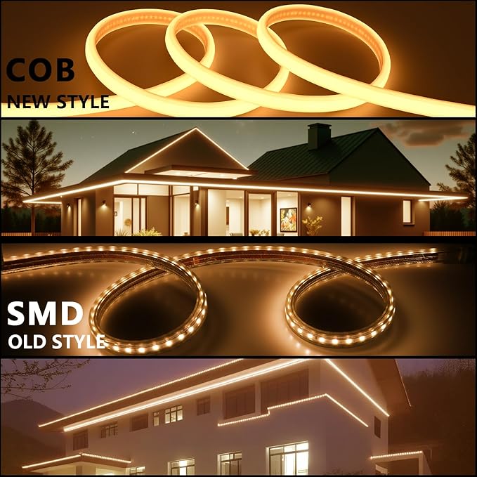 AC 110V COB LED Strip Lights Outdoor Waterproof 65.6ft, 2700K Warm White Super Bright 200W CRI 90+ LED Rope Light, IP65 Flexible Cuttable, for Bedroom Garden Commercial House