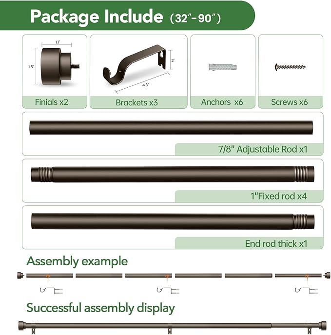 Curtain Rods for Windows 48 to 84, 1 Inch Adjustable Heavy Duty Long Window Drapery Rods with End Caps, Indoor Outdoor Curtain Rod for Patio Bedroom, Size 32" - 90", Antique Bronze