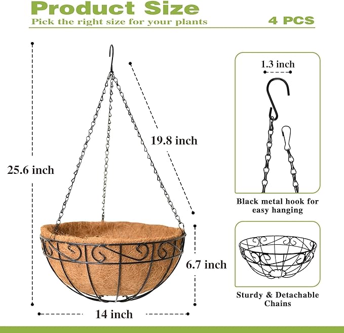 4 Pack 14 Inch Hanging Baskets for Plants Outdoor Metal Hanging Planter Hanging Flower Baskets with Coco Fiber Liners Chain Round Wire Plant Holder Hangings Flower Pots(Plaid)