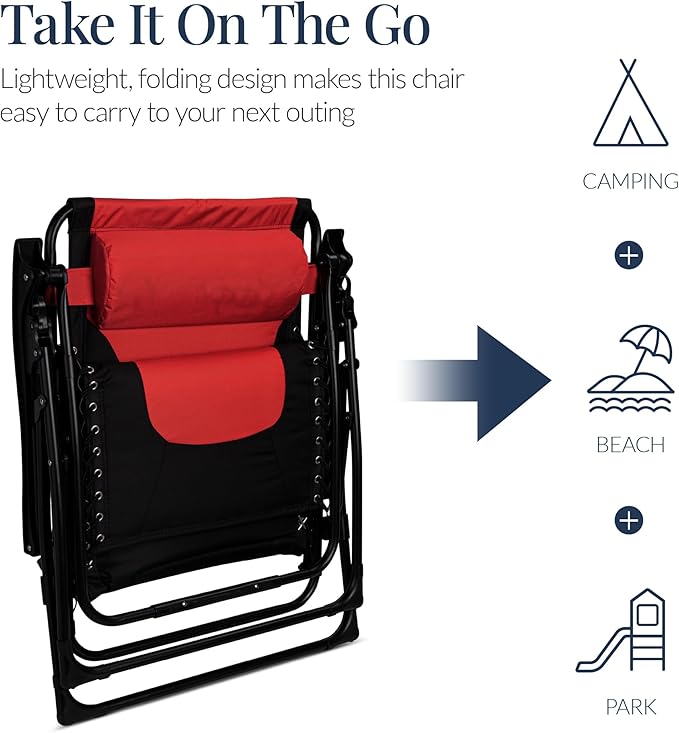 Best Choice Products Oversized Padded Zero Gravity Chair, Folding Outdoor Patio Recliner, XL Anti Gravity Lounger for Backyard w/Headrest, Cup Holder, Side Tray, Polyester Mesh - Red