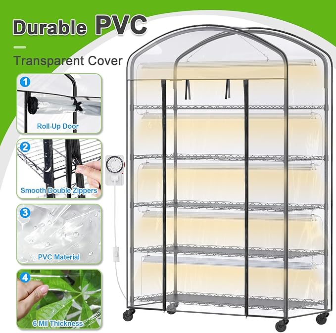 Abimars 5-Tier Greenhouse with Grow Light, Shelf Height Adjustable Metal Plant Shelf with PVC Cover and Wheels, Includes 5-Pack 2900K Full Spectrum Plant Lights, 21x60x80inch