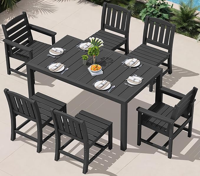SERWALL 7-Piece Outdoor Dining Set, 60" - 83" Expandable Outdoor Dining Table and 6 HDPE Chairs, All Weather HDPE Outdoor Furniture Set for Backyard, Garden, Black