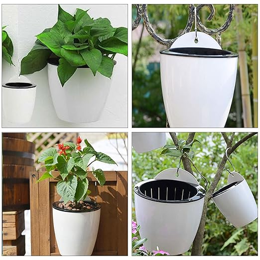14 Pack 5 Inch Self Watering Wall Mounted Planters, Plant Flower Pots with Hooks and Wicks for Indoor and Outdoor, White