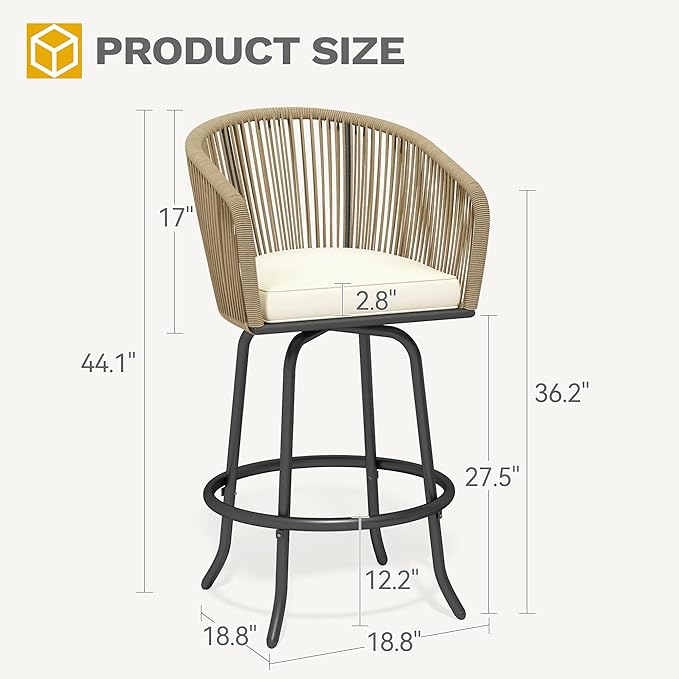 DWVO Outdoor Counter Height Bar Stools Set of 4, Patio Swivel Bar Chairs with Soft Cushions, 360° Rotation, Bar Height Rattan Chairs for Backyard, Poolside, Garden, Beige