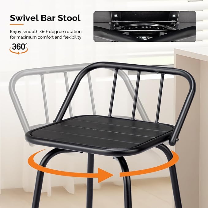 VINGLI 2 PCS Outdoor Swivel Bar Stools, 30 Inch Metal Barstools with Backrest & Footrest, 360° Rotating All-Weather Stools for Garden, Balcony, Kitchen Island (Black)