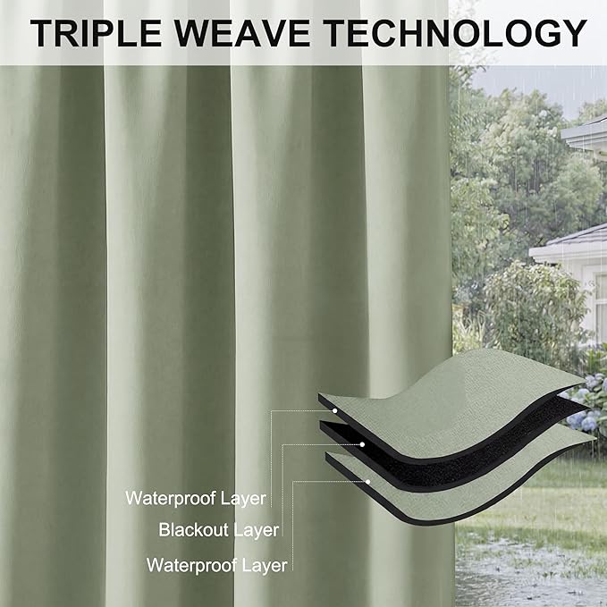 RYB HOME Outdoor Curtains for Patio Waterproof Block Sunlight Thermal Insulated Privacy Assured Thick Outside Curtains for Pergola, Cabana, Gazebo, W52 x L72, Sage Green, 1 Panel