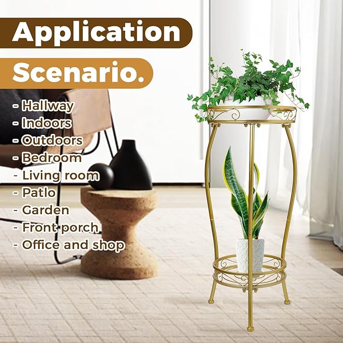 Plant Stand Indoor Outdoor，Tall Gold Metal Rustproof Stable Plant Stands，2 Tier 27.1 inch Multiple Plant Rack Holder Rack Flower Pot Stand Heavy Duty Plant Shelf (Gold)