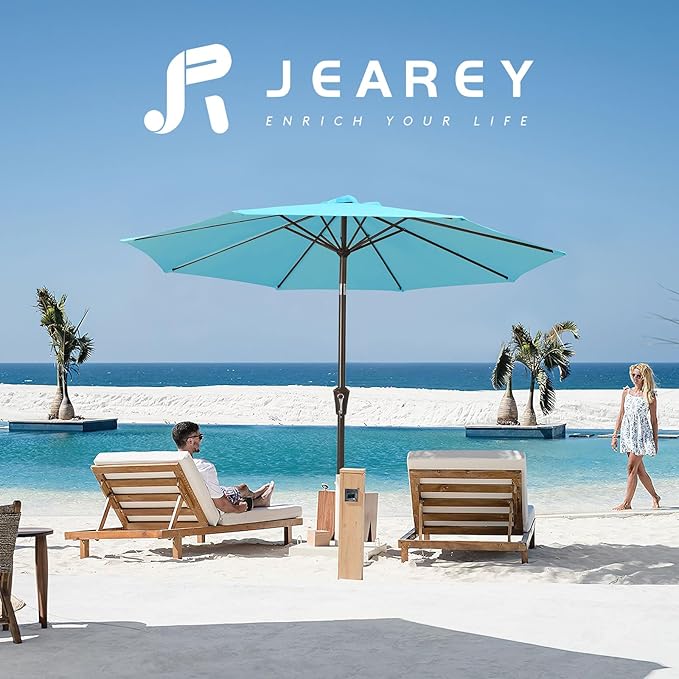 JEAREY 9FT Patio Umbrellas Outdoor Table Umbrella with Push Button Tilt and Crank, Market Umbrella 8 Sturdy Ribs UV Protection Waterproof for Garden, Deck, Backyard, Pool (Sky Blue)