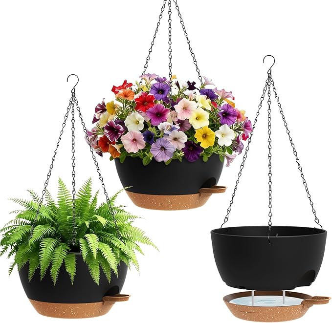 Set of 3-10 Inch Self Watering Hanging Planters for Indoor Outdoor，Hanging Plant Pots with Drainage & Removable Tray, Hanging Pots Holder for Ivy, Pothos, Ferns, Balcony & Patio, Black with Brown
