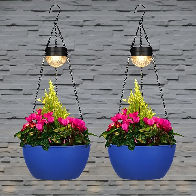 BAYN 2 Packs Solar Hanging Basket Planters for Plants Outdoor, Self Watering Blue Flower Plants Pots with Solar Light Drainer for Balcony Patio Garden Outdoor Decoration