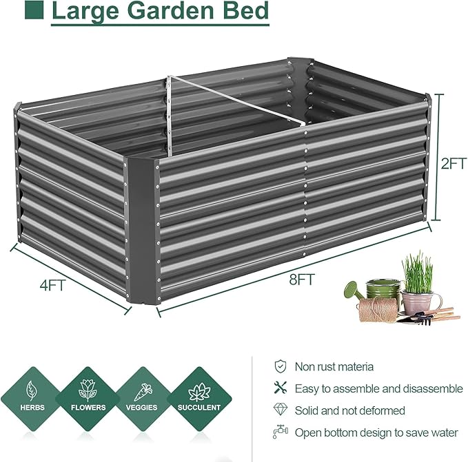 Land Guard 2 Pack 8×4×2ft Galvanized Raised Garden Bed Kit, Galvanized Planter Raised Garden Boxes Outdoor, Large Metal Raised Garden Beds for Vegetables (Gray)