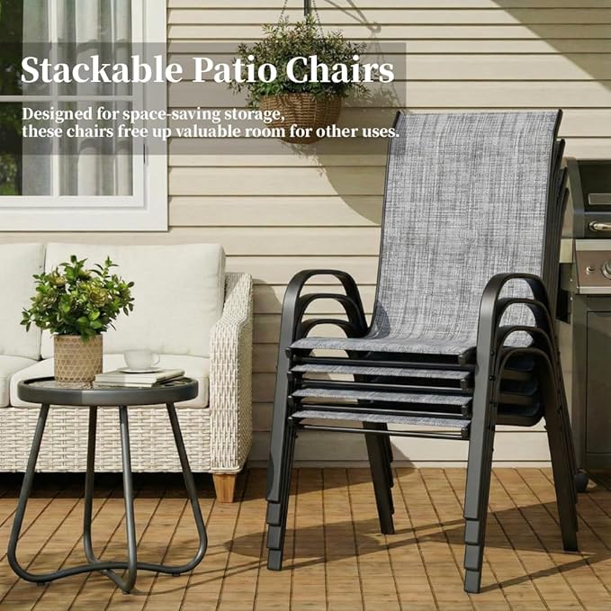 MAMIZO Patio Dining Chairs, Stackable All Weather Teslin Chair, Heavy Duty Outdoor Breathable Chairs Set, w/Armrests, Upgraded Chair FeetW/Strenthened Iron Spacers, 330 LBS (4, Grey)