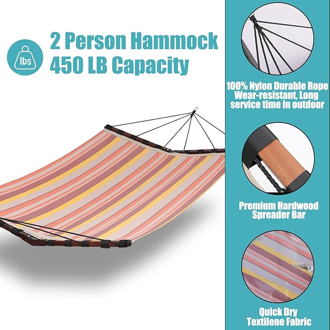 TegerDeger 12FT 2 Person Hammock Large Hammock Quick Dry 450LB Capacity with V Shaped Hardwood Spreader Bar & Nylon Rope for Outside, Patio, Garden, Backyard, Beach, Poolside - Coral Red Stripes