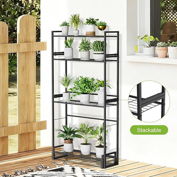 Plant Stand, 4 Tier Stackable Tiered Plant Stand, Scalable Heavy Duty Tall Plant Shelf for Indoor Outdoor, Garden, Display Shelves, Flower Pot Holder, Black