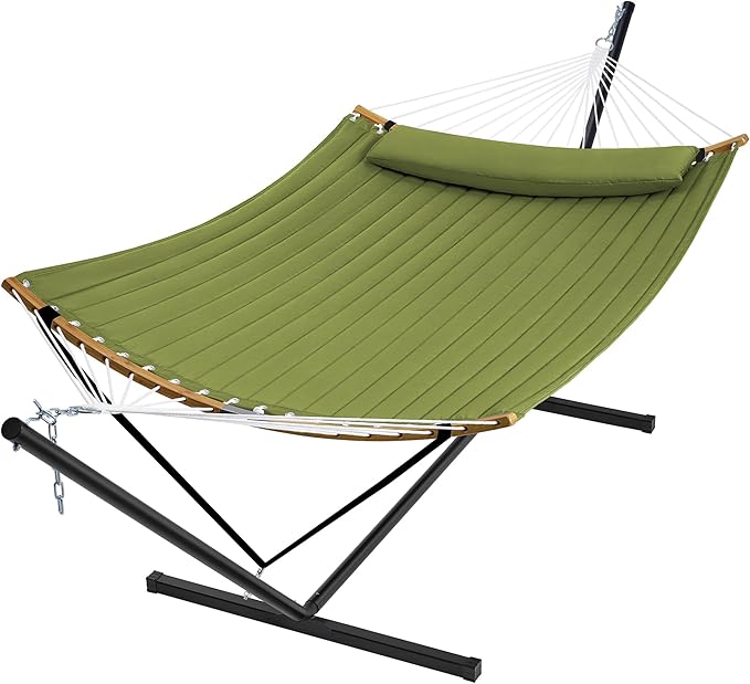SUPERJARE Curved-Bar Hammock with Stand, 2 Person Heavy Duty Hammock Frame, Detachable Pillow & Portable Carrying Bag, Perfect for Outdoor & Indoor, Spring Green
