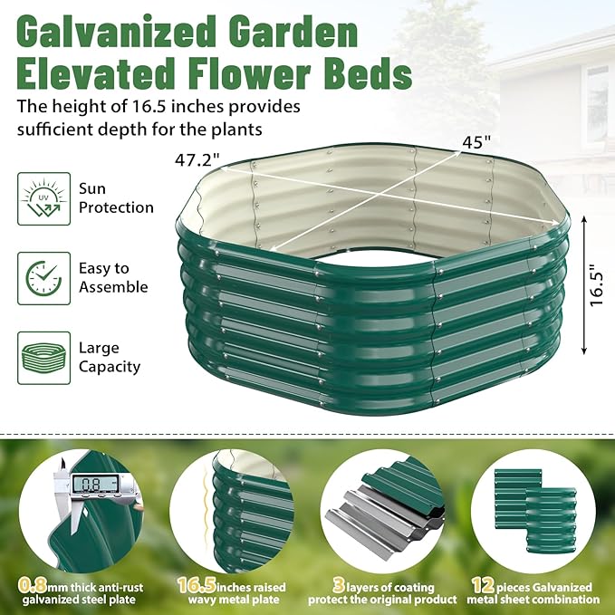 Hexagon Raised Garden Bed, 48 Inch Diagonal & 16.5 Inch Tall, Galvanized Steel Planter Box with Wave-Shaped Metal Panels for Outdoor Flower,Tree,Herb & Vegetable Garden (Dark green, 4FT X 1.5FT)