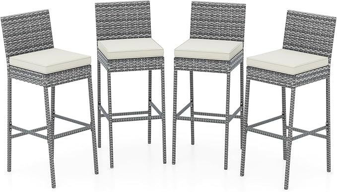 HAPPYGRILL Patio Wicker Barstools Set of 4, Outdoor Bar Height Chair w/Soft Seat Cushion & Cozy Footrest, Heavy-Duty Metal Frame, 400 lbs Max Load, Rattan Armless Bar Chairs