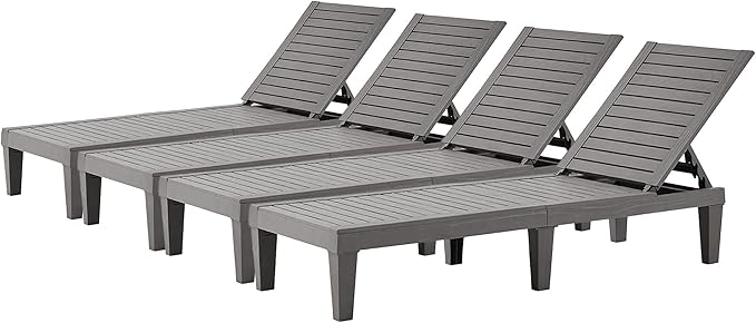 Outdoor Lounge Chaise, Adjustable Pool Lounge Chairs with 5 Positions Backrest, Waterproof Sun Loungers for Garden Pool Beach Patio Deck Sunbathing Set of 4