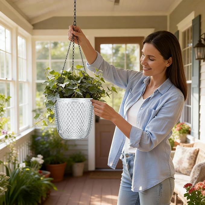 QCQHDU Self Watering Hanging Pots, 2 Pack 7.2 Inch Hanging Planters for Plants Indoor, Outdoor Flower Pots with Drainage Holes and 3 Hooks Chains for Garden Home (Clear)