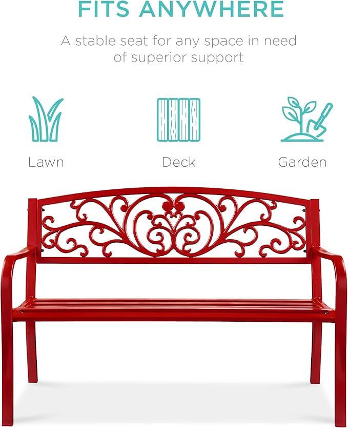 Best Choice Products Outdoor Bench Steel Garden Patio Porch Furniture for Lawn, Park, Deck w/Floral Design Backrest, Slatted Seat - Red