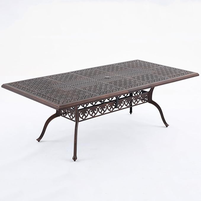 87" Cast Aluminum Outdoor Dining Table – Rectangular Red Copper Patio Table with Strawberry & Leaf Design, 2" Umbrella Hole, Weather-Resistant for Garden, Backyard, and Lawn