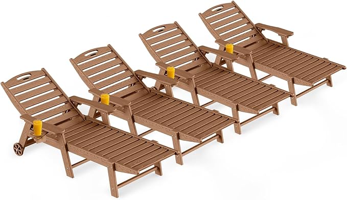 Ciokea Outdoor Lounge Chair Set of 4, All Weather Patio Chaise Lounge Chairs for Outside, HDPE Chair with Rolling Wheels & Cup Holder, 5 Position, Deck, Pool, Brown