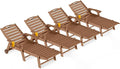 Ciokea Outdoor Lounge Chair Set of 4, All Weather Patio Chaise Lounge Chairs for Outside, HDPE Chair with Rolling Wheels & Cup Holder, 5 Position, Deck, Pool, Brown