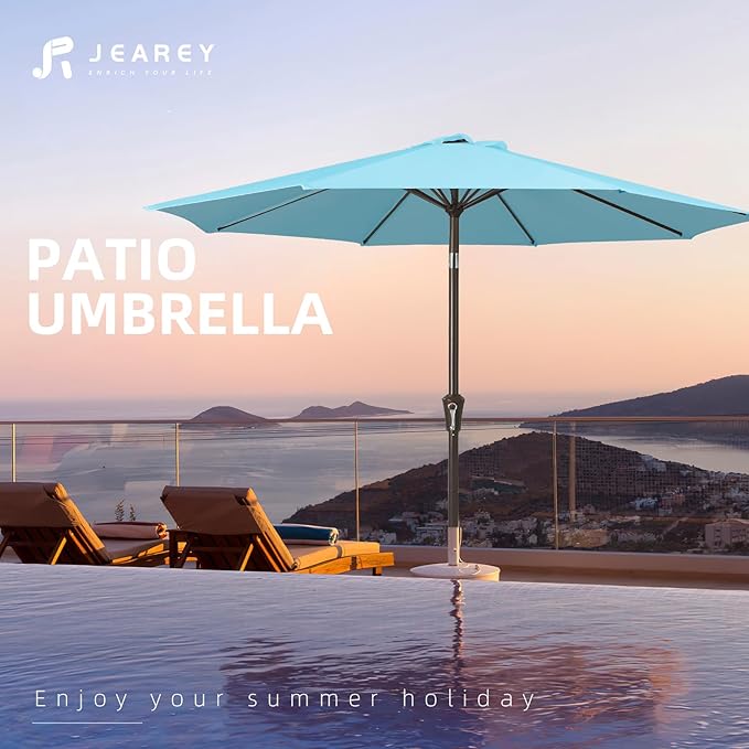 JEAREY 9FT Patio Umbrellas Outdoor Table Umbrella with Push Button Tilt and Crank, Market Umbrella 8 Sturdy Ribs UV Protection Waterproof for Garden, Deck, Backyard, Pool (Sky Blue)