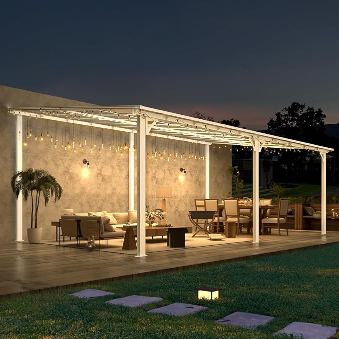 AECOJOY 20' x 12' White Gazebo Pergola, 12x20 Large Wall Mounted Lean to Pergolas and Gazebos on Clearance with Patio Roof, Outdoor Patio Metal Awnings for Decks, Porch, Backyard