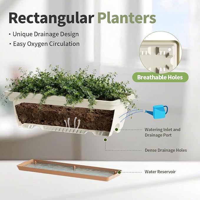 Window Box Planter, 6 Pack Plastic Vegetable Flower Window Planters Boxes 16 Inches Rectangular Flower Pots with Drainage Holes and Saucers (Mixcolor)