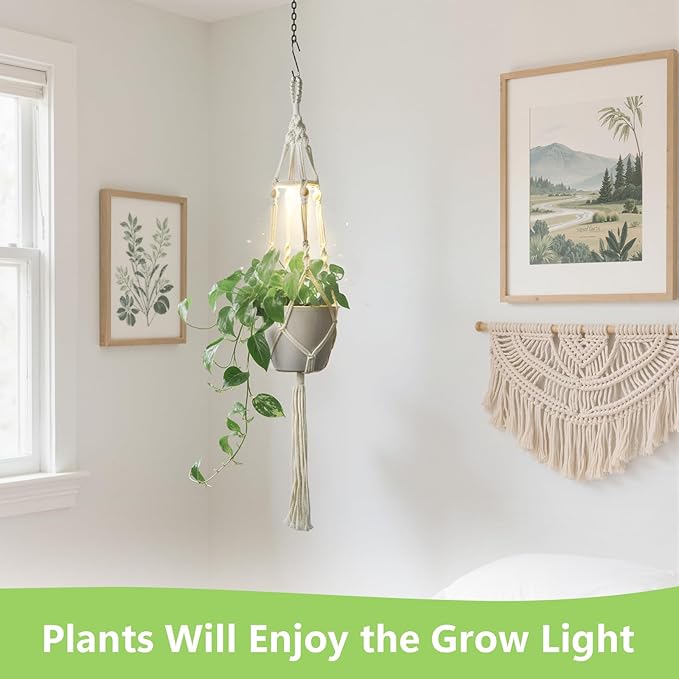 Macrame Plant Hanger with Grow Light: 2 Pack Boho Hanging Planters with Light for Indoor Plants, Ideal for Apartments, Small Spaces, Low-Light Rooms (GrowPro Spectrum)