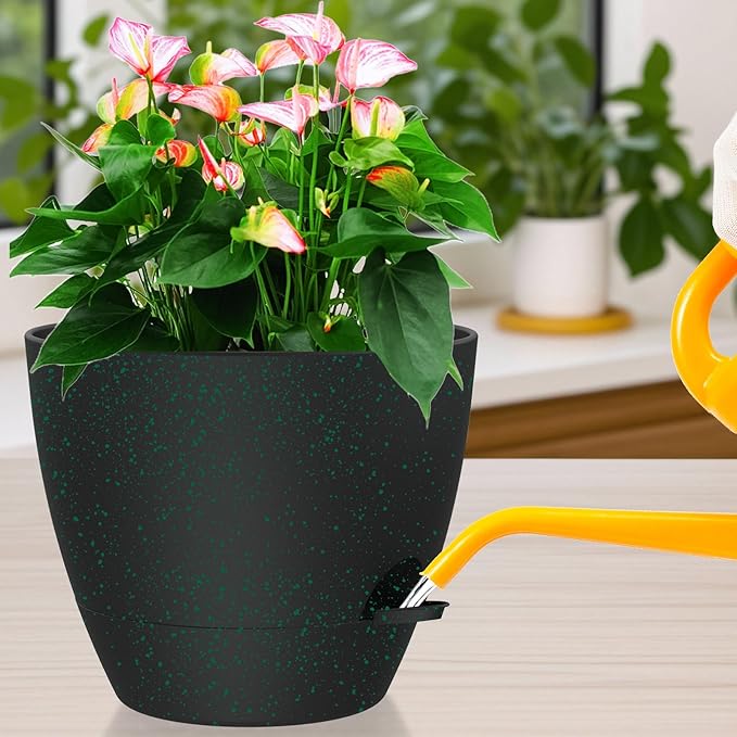12 Inch Large Self Watering Pots, Flower Pots with Multi-Mesh Drainage Holes and Saucer, Planters for Indoor and Outdoor Garden Plants (Black with Green Speckles)