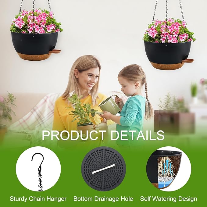 12 inch Hanging Planters for Indoor Plants, 2 Pack Self-Watering Hanging Planter Pots with Chain and Drainage Holes, Outdoor Plastic Hanging Baskets for Garden Home Decor