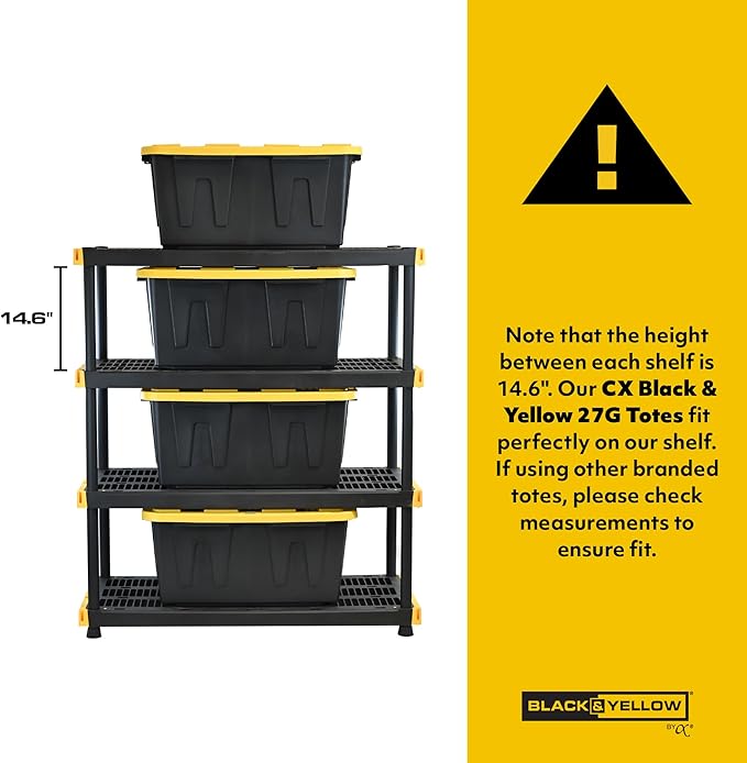 CX Black & Yellow, 4-Tier Heavy Duty Plastic Storage Shelves that Support up to 200lbs/shelf, Organization and Storage, Weather-Resistant Design, Easy Assembly (55"H x 48"W x 20"D)