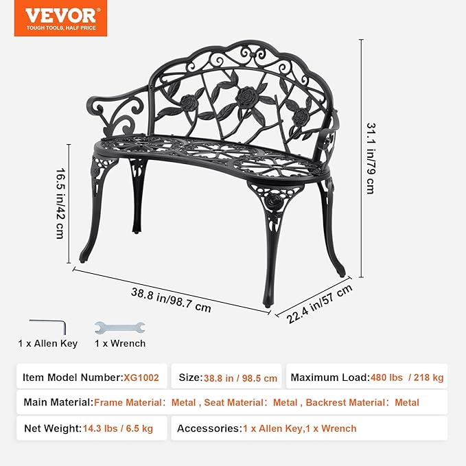 VEVOR 480 lbs Load Capacity, 38.8 inches Metal, Outdoor Backrest and Armrests, Patio Bench for Garden, Park, Yard, Front Porch, Black