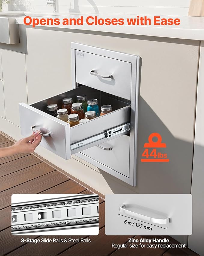 VEVOR Outdoor Kitchen Drawers 18.11" W x 23.23" D x 23.23" H, Triple-Access Stainless Steel BBQ Drawers with Handles, BBQ Island Drawer for Outdoor Kitchens or Barbeque Island Patio Grill Station