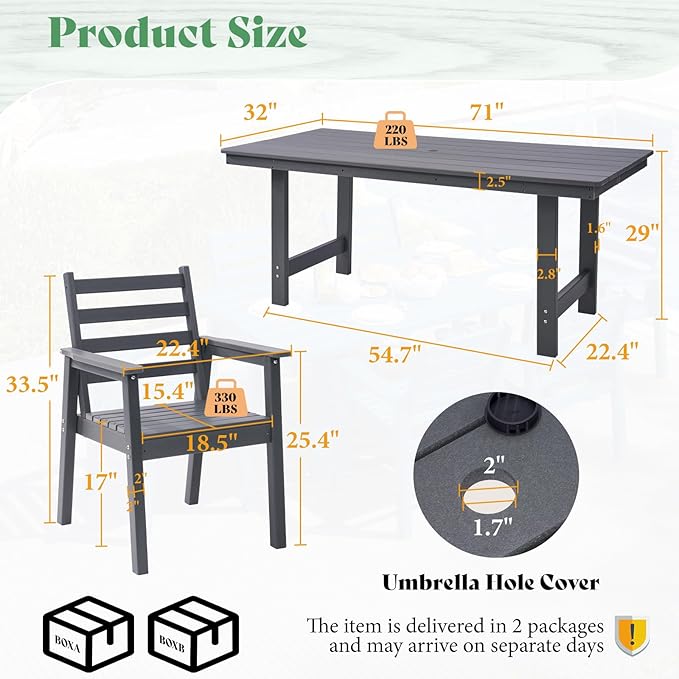 AMERLIFE 7-Piece HDPE Outdoor Dining Set with Umbrella Hole, 71" L Patio Table and Chairs Set for 6, Modern Garden Dining Set for Backyard, Poolside, Seaside, Porch, Gray