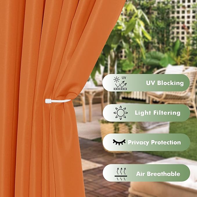 HolidayIdeas Outdoor Curtains for Patio Waterproof, 6 Panels - 54x95 Inches - Weatherproof Privacy Outsides Curtains for Cabana Porch Pergola, Sunlight & UV Blocking (Mecca Orange, Grommet Top)