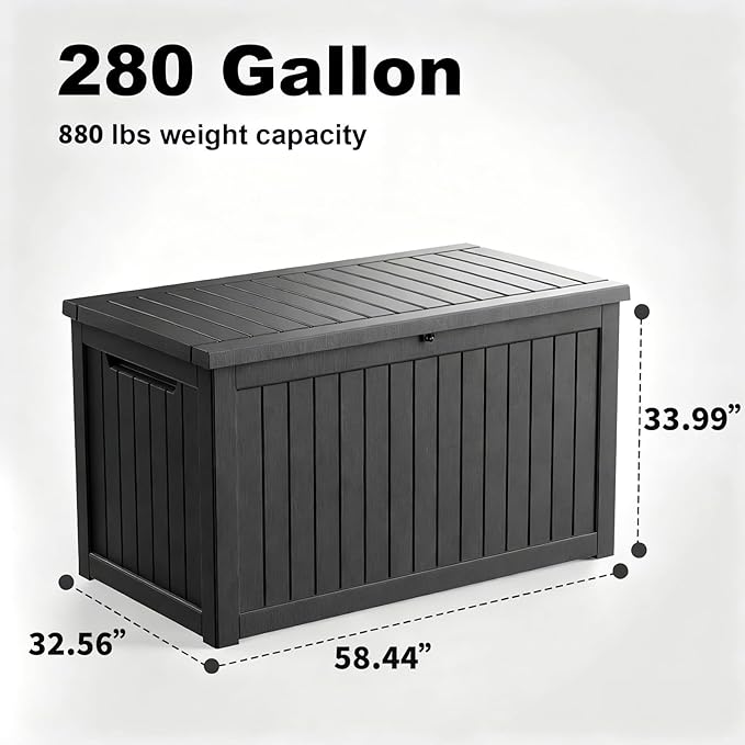 DRATO 280 Gallon Deck Box, Outdoor Large Waterproof Resin Storage Box with Lockable Lid for Patio Cushions, Gardening Tools（Black，280 Gallon）