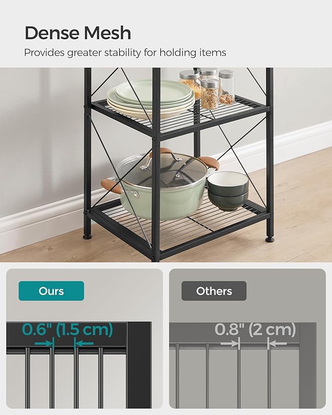 SONGMICS 5-Tier Metal Storage Rack, Shelving Unit with X Side Frames, Dense Mesh, 12.6 x 15.7 x 57.3 Inches, for Entryway, Kitchen, Living Room, Bathroom, Industrial Style, Ink Black UBSC145B01