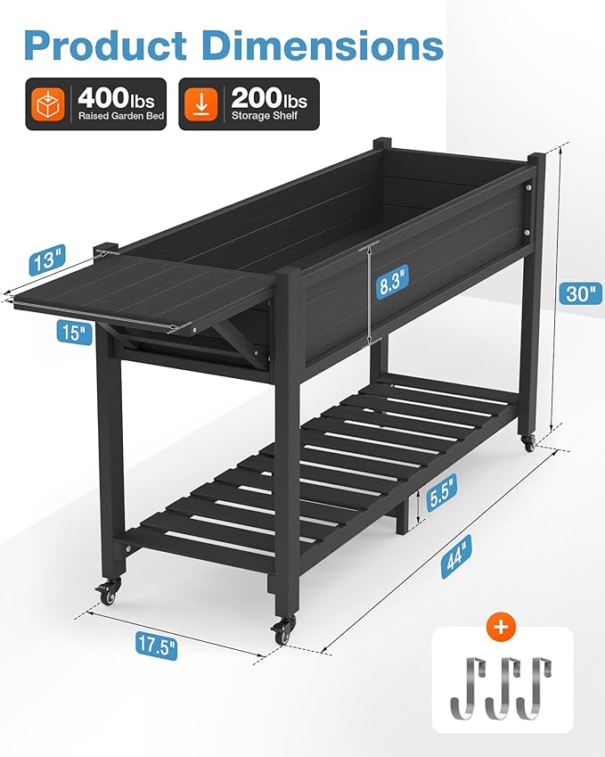 YEFU Raised Garden Bed with Legs: 57x18x30in Elevated Poly Planter with Wheels,Waterproof Mobile Raised Bed Garden, Elevated Planter Box Stand with Storage Shelf,For Deck,Patio,Porch,Yard (Black,4pcs)