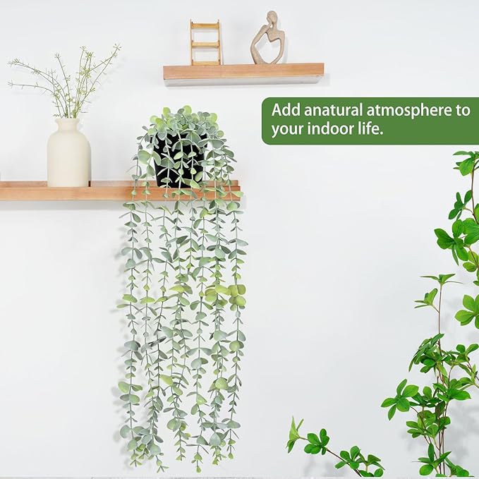 Waipfaru 2Pcs Fake Hanging Plants with Pot Light Green Eucalyptus Leaves UV Resistant Fake Vines Ivy Artificial Plants Outdoor Faux Plants Indoor Bedroom Living Room Boho Wall Porch Shelf Decor