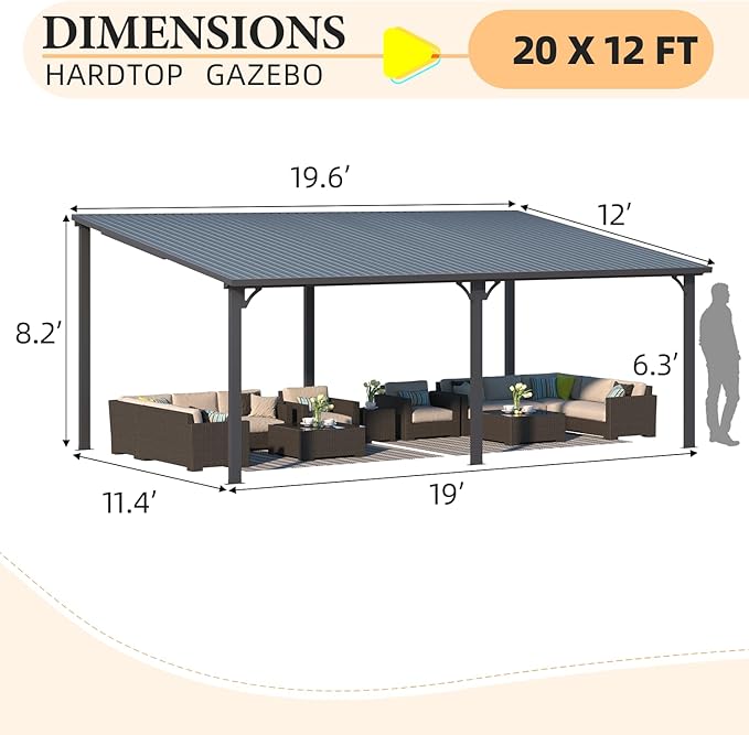 AECOJOY 20' x 12' Outdoor Gazebo Hardtop Pergola for Patio, Large 12x20 Galvanized Steel Heavy Duty Lean to Gazebo Wall-Mounted Pergolas and Gazebos Clearance, Metal Patio Roof Awnings for Backyard